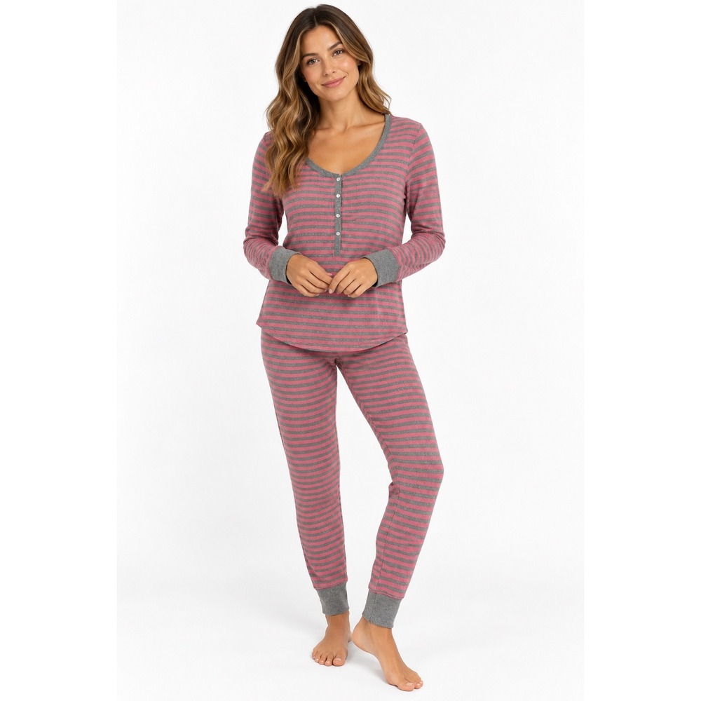 Victorias Secret Waffle Knit Henley Pajama Set Pink Grey Metallic Stripe Medium